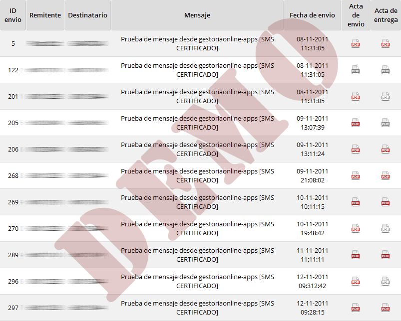 demo histórico SMS Certificado demo histórico informa SMS Certificado